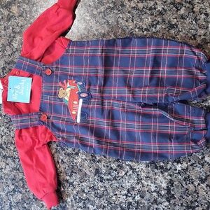 Brand new w tag 3-6 months two piece shirt and overalls red w plaid